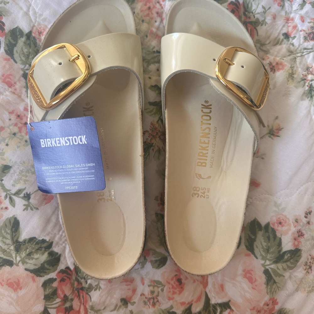 Birkenstock Women's Madrid Big BuckleSandals. High Shine Ecru with gold buckle.